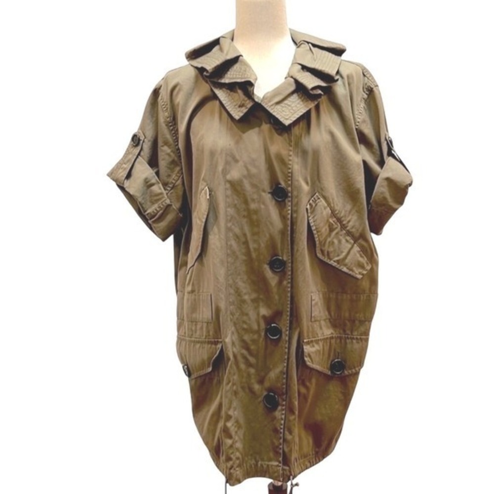 EDUN Olive Green Military Utility Jacket Ruffle Collar Oversized Size M/L - Picture 2 of 8